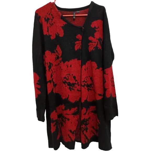 ND New Directions Womens Long Line Cardigan Large Red Black Floral Sweater - Picture 1 of 7